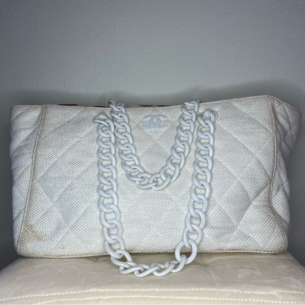 Chanel Quilted Off-white color chain beach tote bag